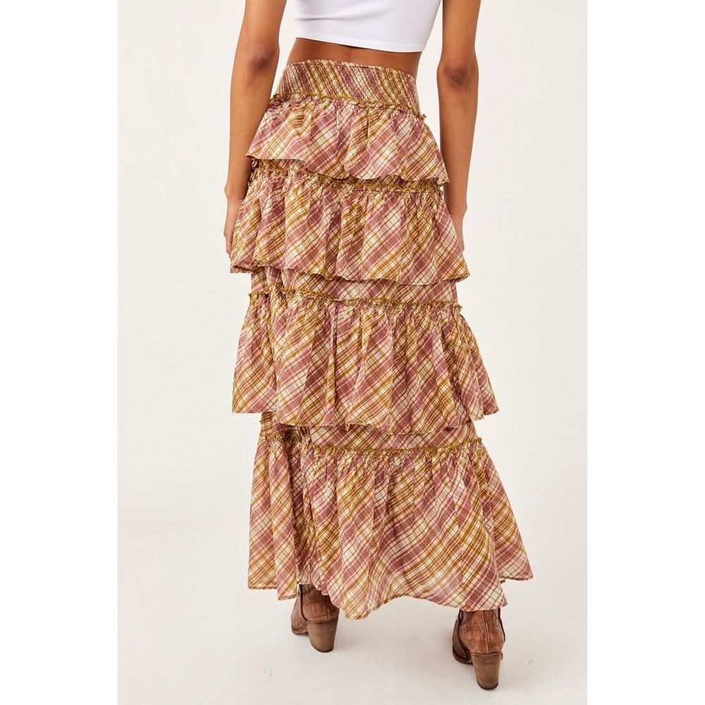 New Free People Sawyer Red Plaid Tiered Maxi Skirt Size Large - Picture 2 of 7